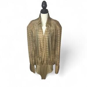 Women’s Brown Crocodile Print Bodysuit Blouse Tan Textured Long Sleeve Top (L)